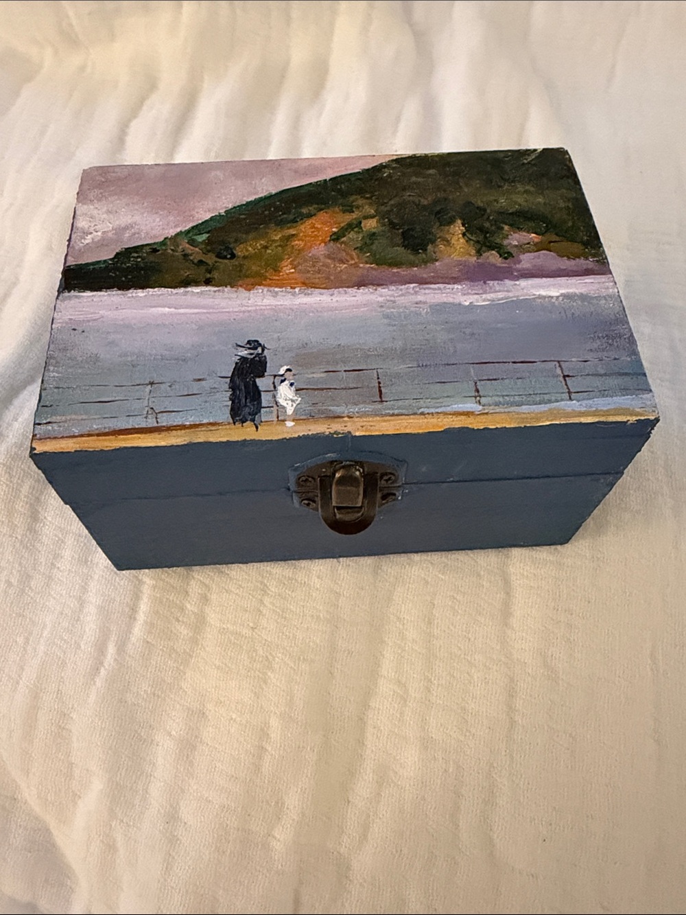 Hand-Painted Coastal Keepsake Box Blue & Purple- Mom & Little Child- 5.5” x 4”